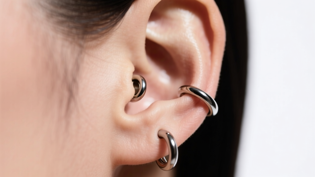 Close-up of a healthy stretched earlobe wearing a polished titanium flesh tunnel earring with double O-rings, soft studio lighting.