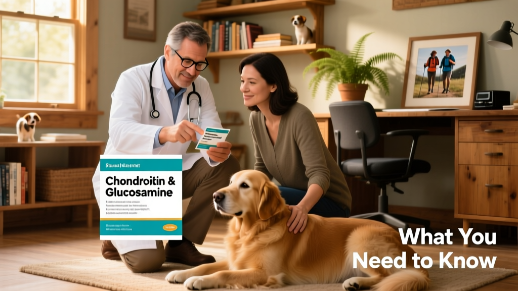Veterinarian reviewing a joint supplement label with a pet owner, emphasizing informed choices and vet guidance