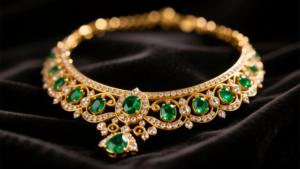 Close-up of an Indian 22k gold emerald necklace with Kundan setting and enamel back resting on dark velvet under soft warm light