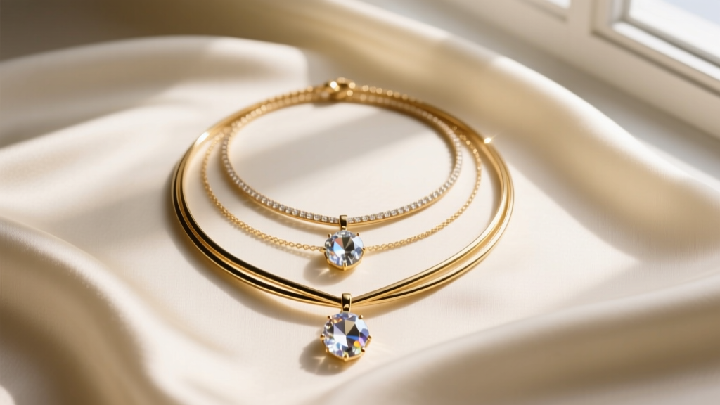 Three layered gold-tone fashion necklaces with crystal pendants on cream silk, shot from above in soft, diffused window light.