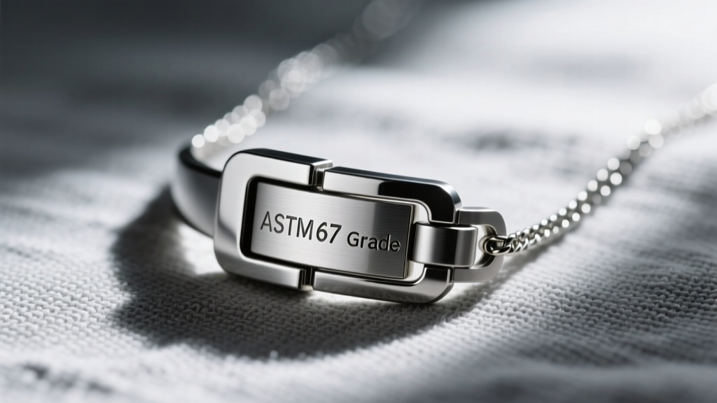Macro shot of a titanium necklace clasp showing laser-engraved ASTM F67 grade marks and a seamless weld joint on grey linen fabric