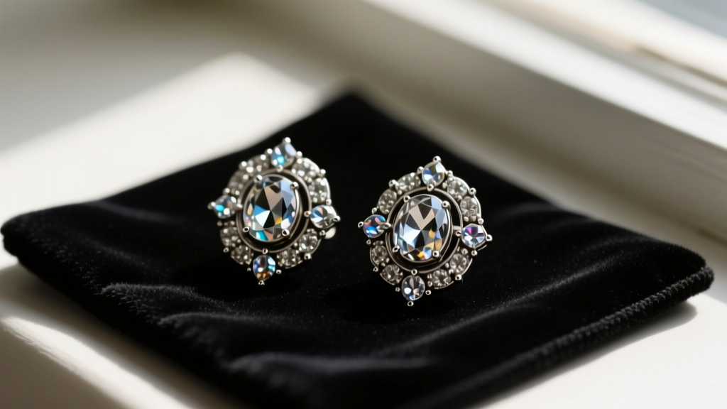 Close-up of vintage Western Germany earrings with marcasite and rhinestones resting on a dark velvet jewelry cleaning mat.