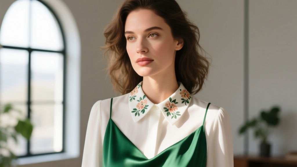 Close-up of a woman wearing a white J.Crew floral collar over an emerald dress, lit by soft warm natural light from a window