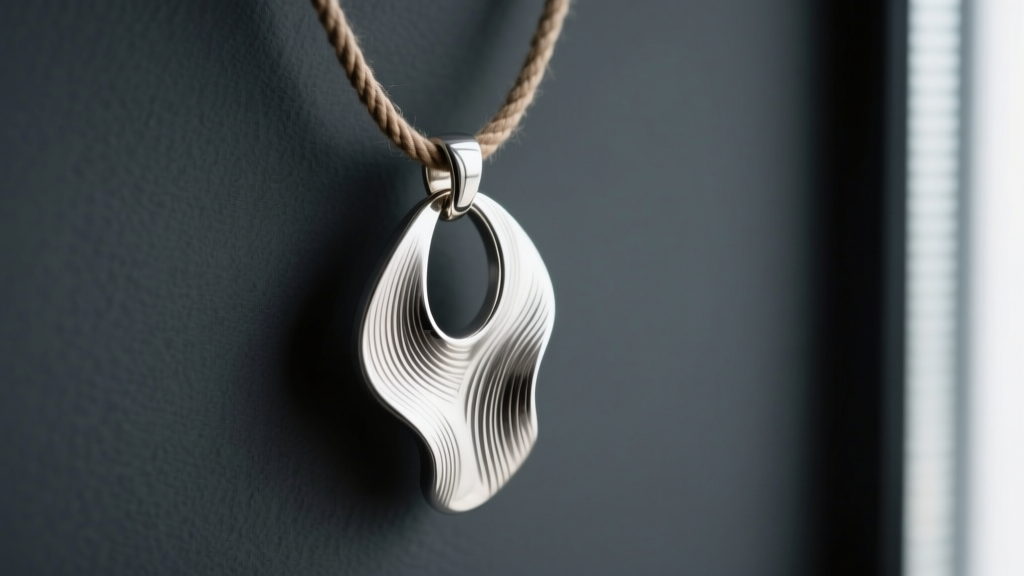 Agmes Cora recycled silver pendant on a waxed cord, displaying brushed textures and organic curves against dark slate.