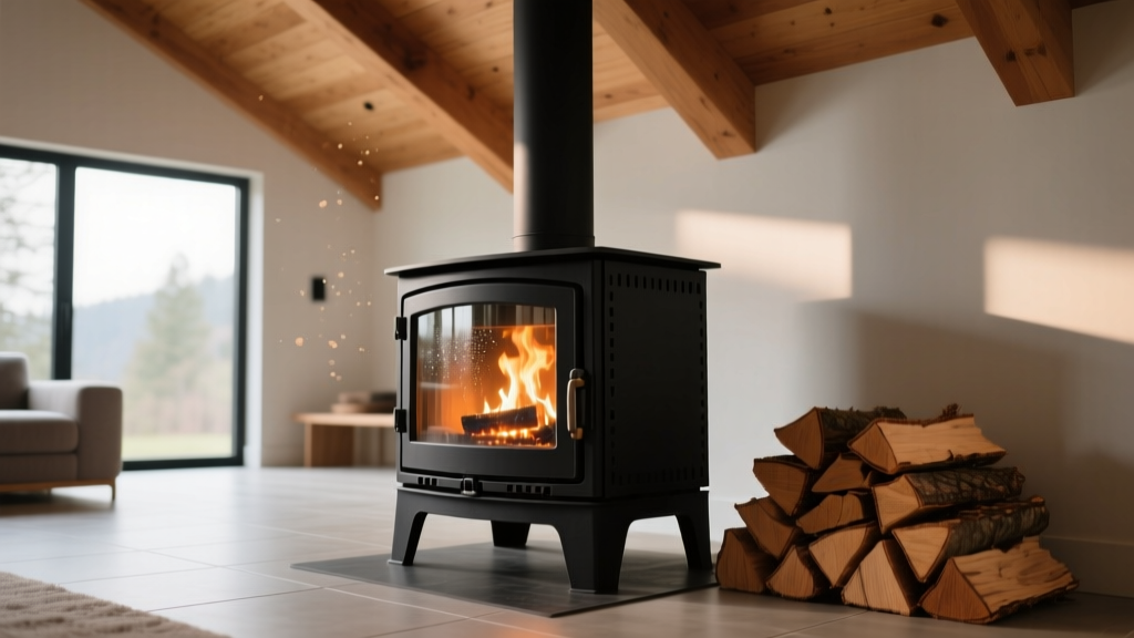 Modern black cast iron wood stove with glass door radiating heat in a minimalist living room with exposed timber beams and stacked firewood
