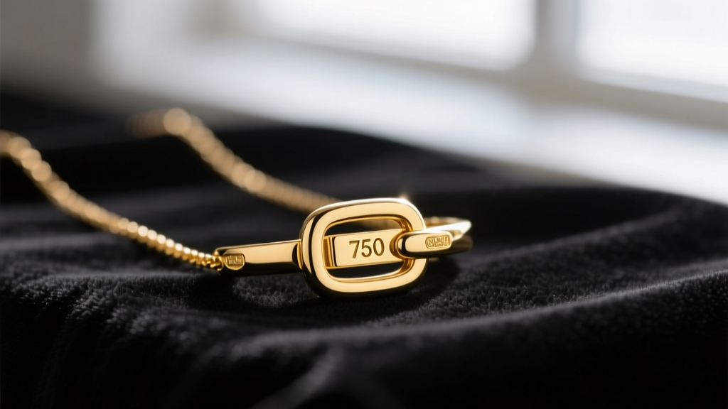 Macro photography of a delicate 18k yellow gold necklace clasp showing a clear 750 hallmark stamp, resting on dark velvet fabric.
