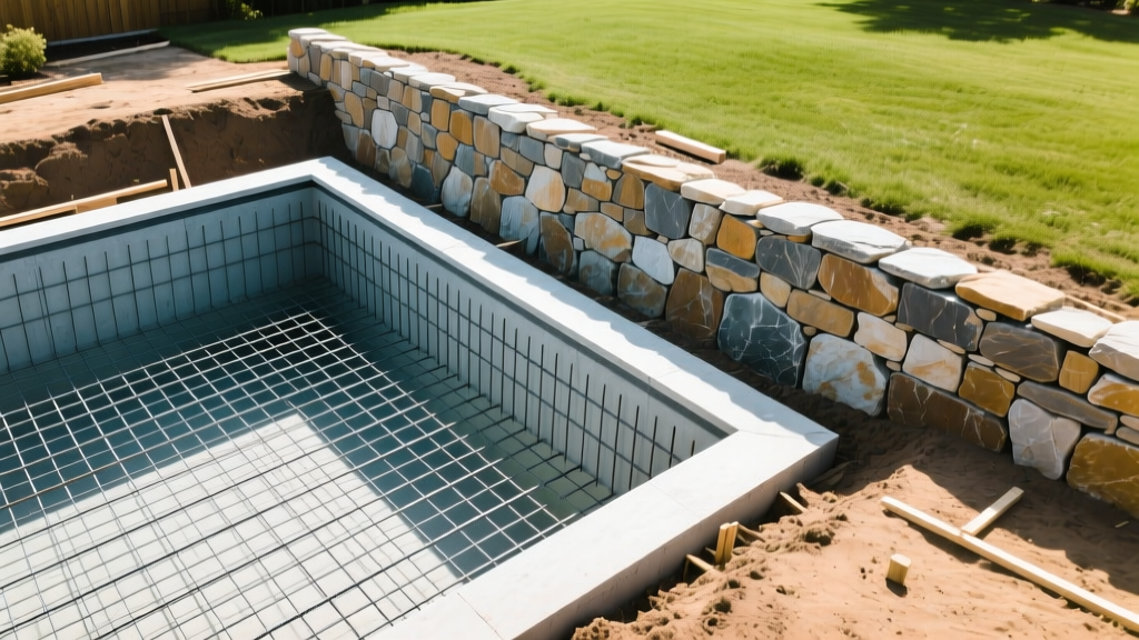 Aerial view of excavated backyard showing steel rebar framing for a custom gunite inground pool beside a stacked stone retaining wall.