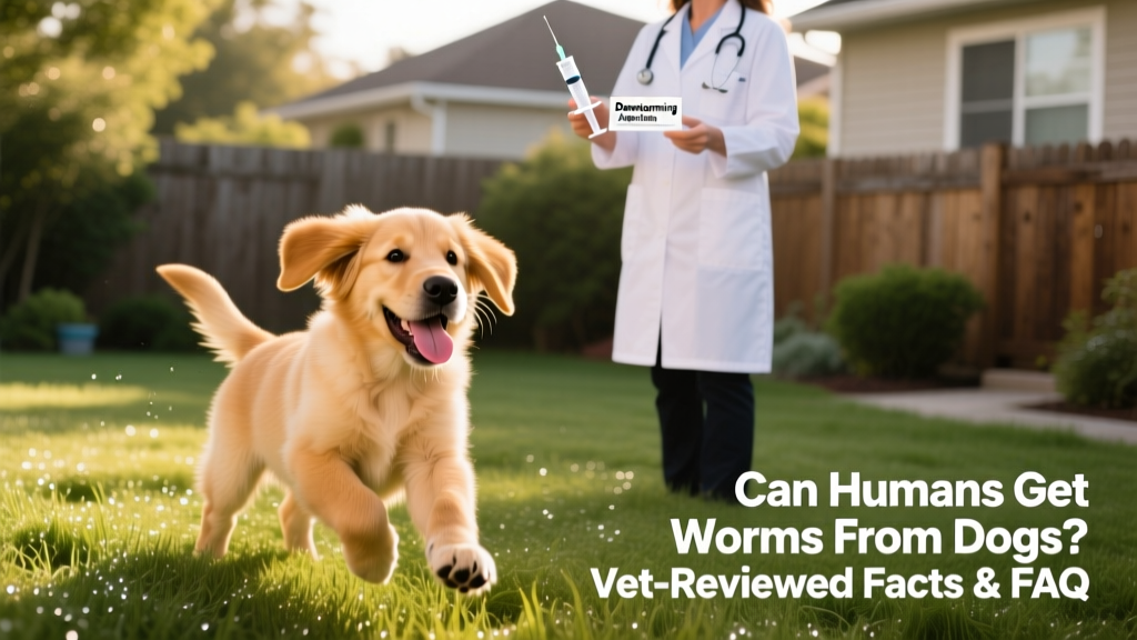 Healthy puppy playing on clean grass, with a vet holding a deworming syringe nearby