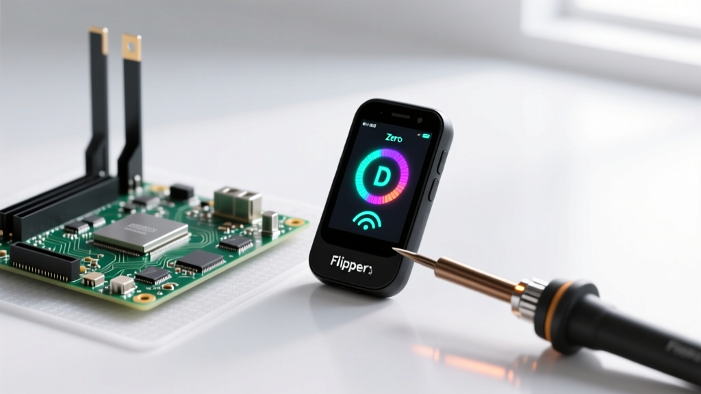 Flipper Zero displaying NFC scan next to a disassembled router motherboard and soldering iron on an anti-static mat