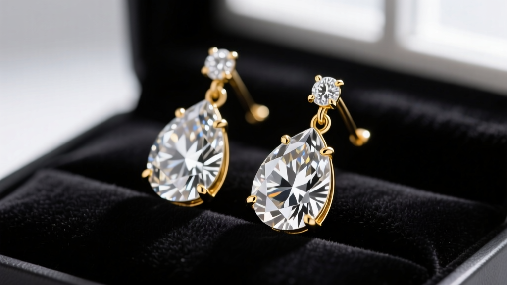 Pear shaped diamond drop earrings on dark velvet, soft lighting highlighting the faceted tips and secure gold prong settings.