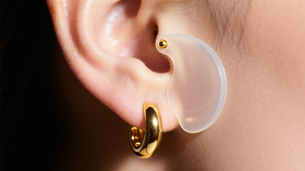 Macro close-up of clear silicone earlobe patch stabilizing a heavy gold drop earring post, bright studio lighting on skin.