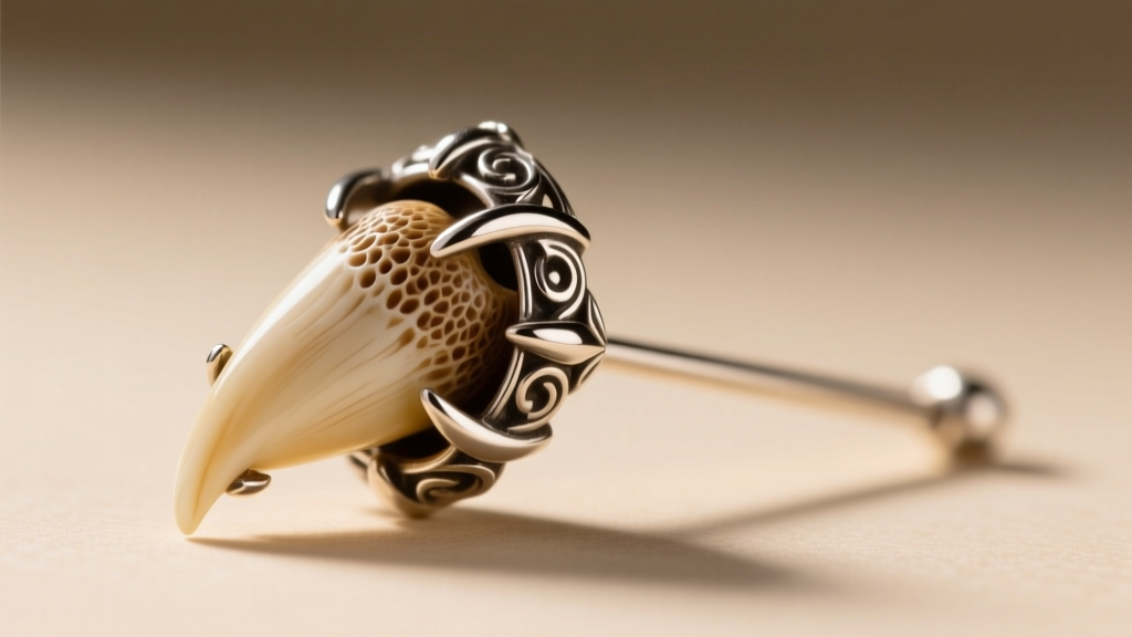 Detailed side view of a Victorian silver stickpin with an animal tooth, showing prong work and natural porosity of the dentin.