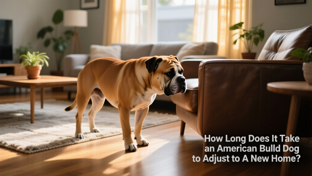 American Bulldog exploring a sunlit living room, sniffing furniture with curiosity