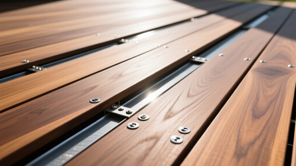 Close-up of Ipe hardwood deck boards with stainless steel hidden fasteners installed over galvanized steel joists in bright sunlight