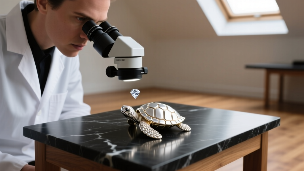 A jeweler using a microscope to inspect a loose diamond set in the shell scute of a white gold turtle pendant on a workbench