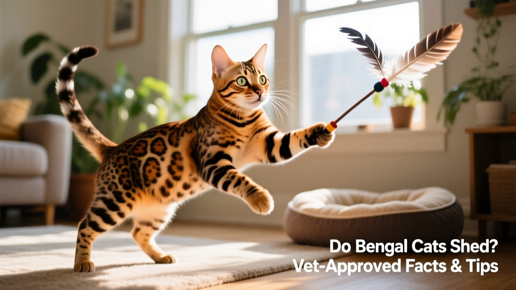Healthy Bengal cat playing with a feather wand toy, showing vibrant coat and alert expression