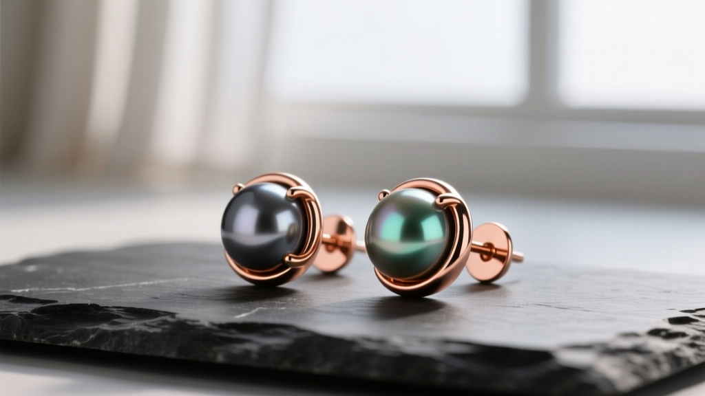 9mm chocolate Tahitian pearl stud earrings in 18k rose gold on dark slate, soft lighting highlighting warm copper overtones.