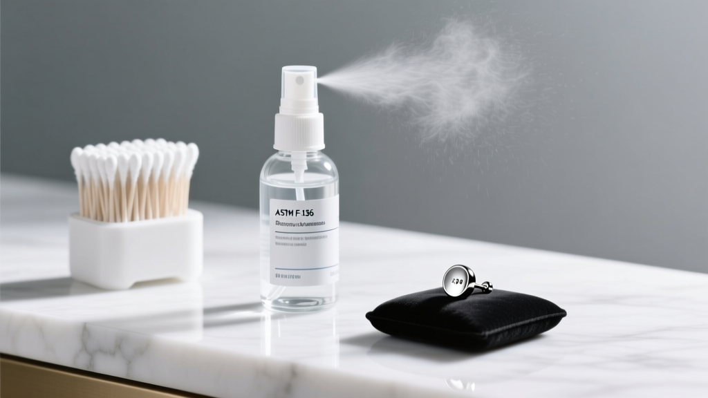 Clean counter displaying sterile saline spray, cotton swabs, and an ASTM F-136 titanium stud earring under bright, soft lighting.