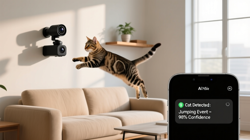 A pan-tilt pet camera mounted on a living room wall, tracking a tabby cat leaping from the sofa, with a smartphone interface showing AI alerts.