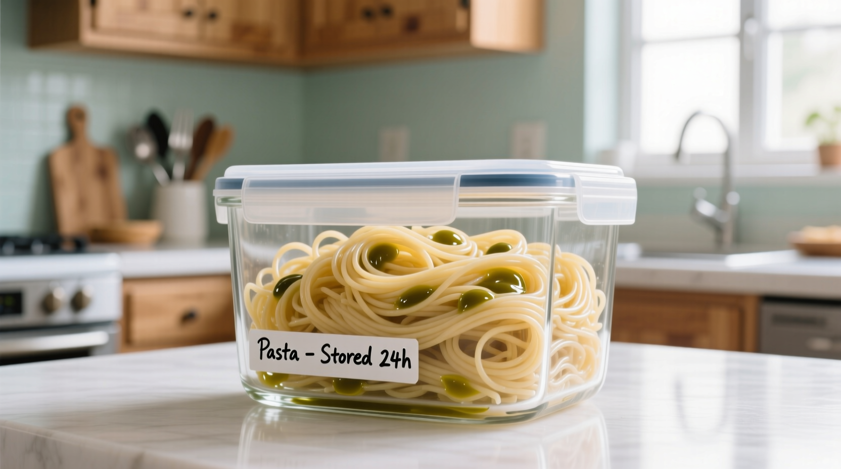 Properly stored cooked pasta in glass container