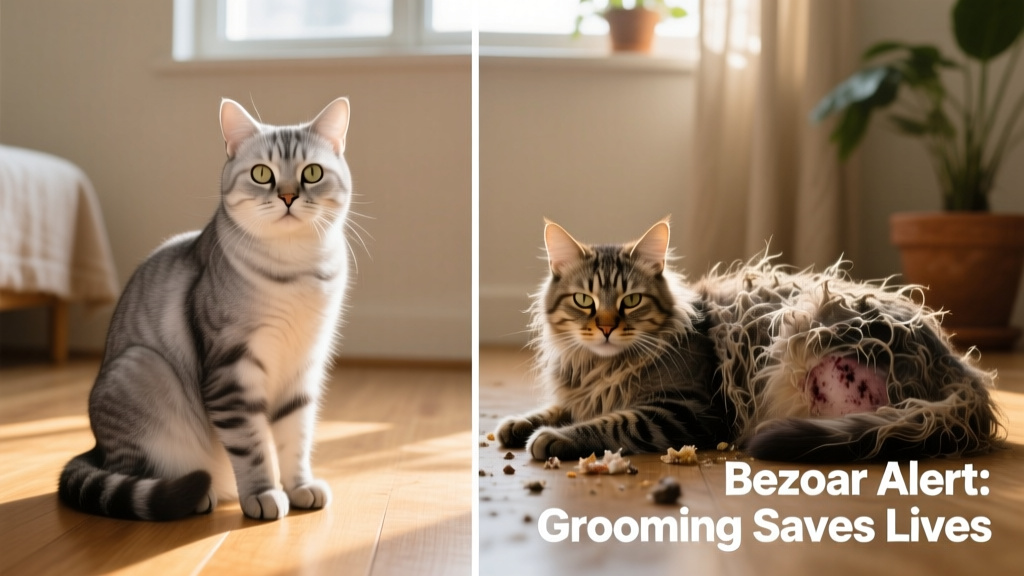 Side-by-side comparison of a healthy cat's smooth coat versus a matted, tangled coat