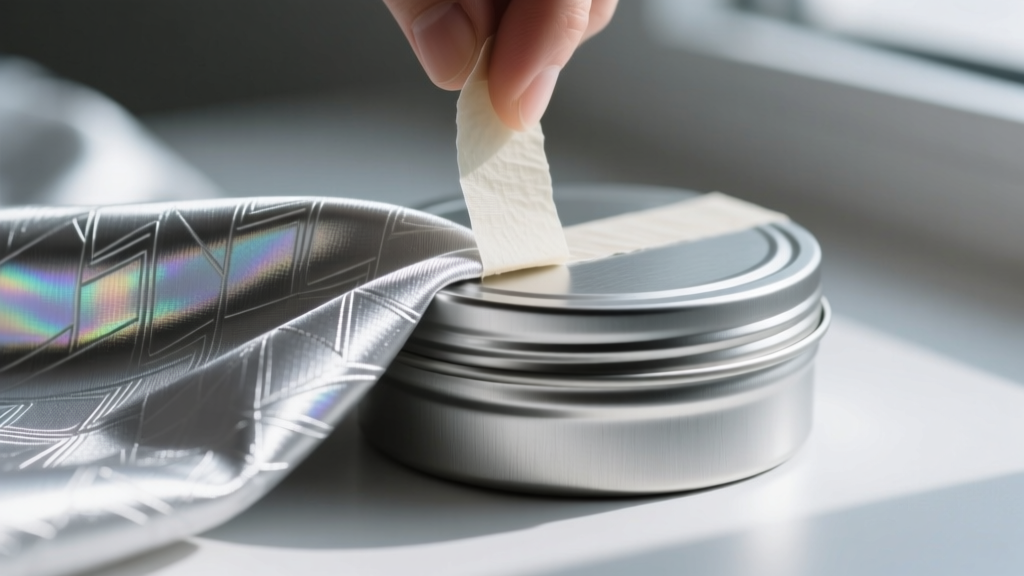Macro shot of metallic silver Pacific Silvercloth fabric being carefully applied with double-sided tape to the base of a tin lid