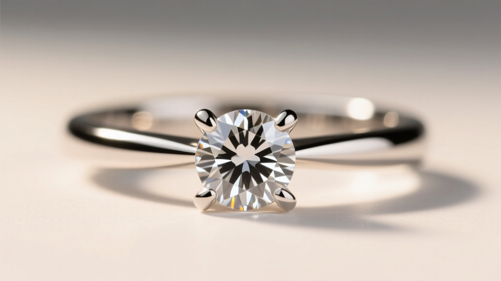 Loupe view of a four-prong platinum setting holding a round diamond, focusing on 0.9mm prong tips and smooth metal finishes.
