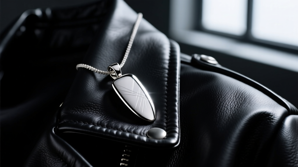 Close-up of polished stainless steel nail pendant on black leather jacket, moody studio lighting, sharp focus on metal texture.