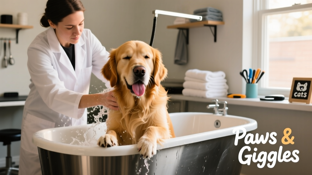 A pet stylist gently bathing a golden retriever in a professional grooming tub