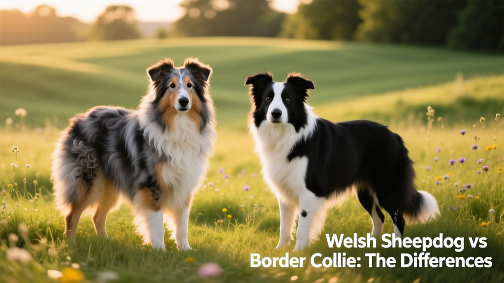 Side-by-side comparison of a Welsh Sheepdog and a Border Collie standing in a grassy field