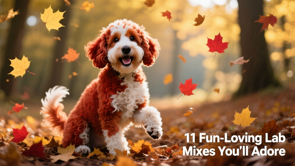 labradoodle with red and white wavy fur sitting in autumn leaves