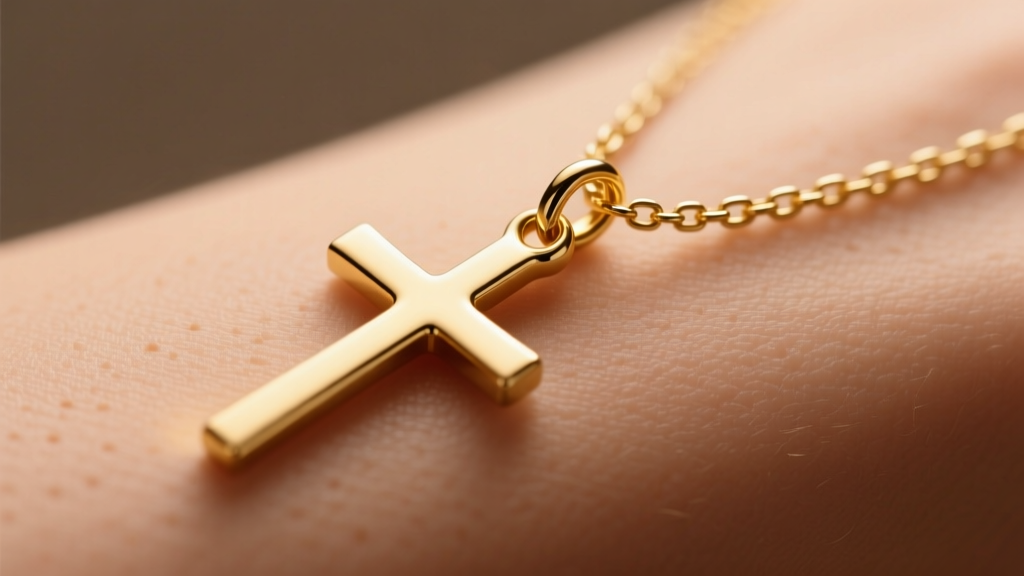 Macro shot of a 14k gold sideways cross necklace on skin, showing a double-bail on a 1.5mm box chain under soft studio light