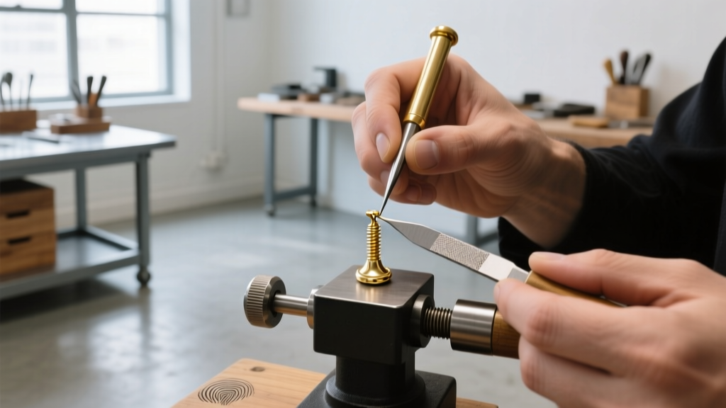 Jeweler using a bench pin and fine file to re-thread a stripped 14k white gold screw back earring post in a brightly lit workshop.