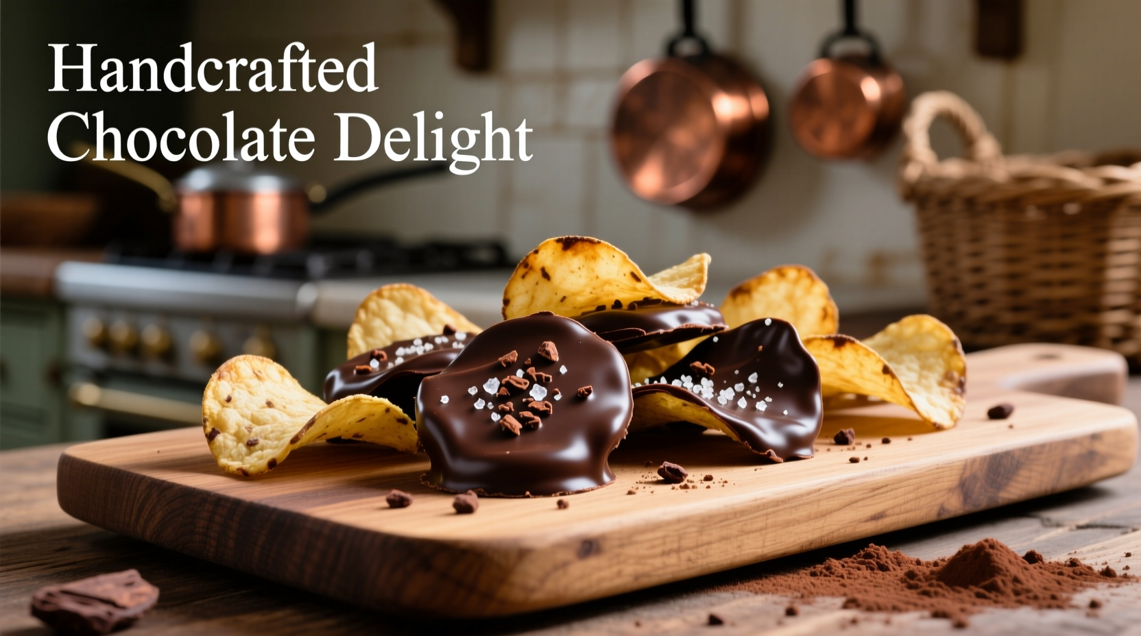 Artisan chocolate covered potato chips on wooden board
