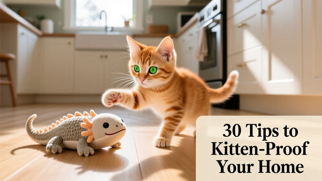 A kitten safely playing with a FurPetVo Axolotl toy on a clean kitchen floor, away from counters and appliances