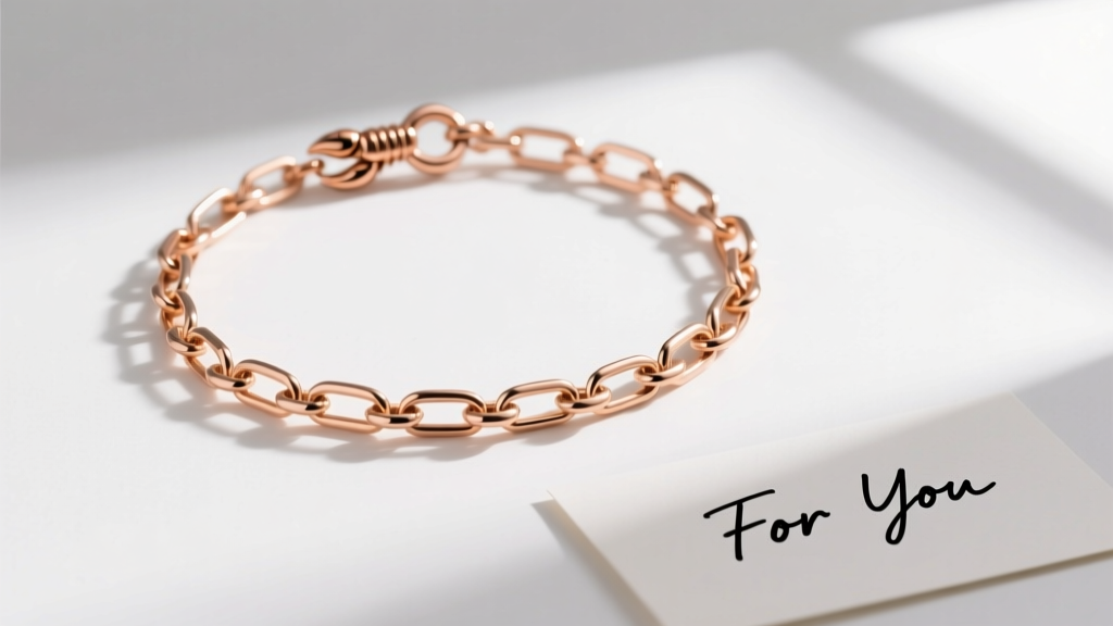 Flat lay gift box with a minimalist 14k rose gold paperclip chain necklace and secure lobster clasp, next to a handwritten note.