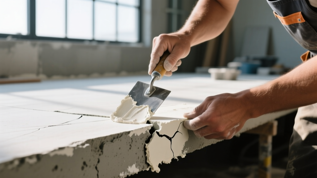 Contractor applying specialized gypsum patching compound to a cracked gypcrete underlayment next to a finished Portland cement slab