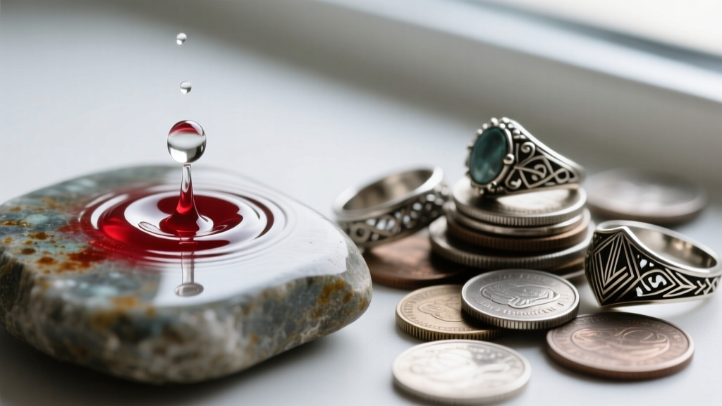 A drop of silver testing acid turning dark red on a testing stone next to a pile of assorted vintage silver rings and coins.