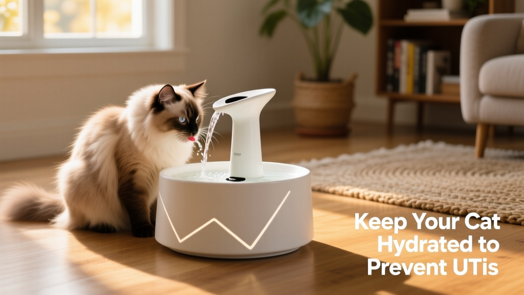 Cat drinking from a sleek, quiet water fountain on the floor