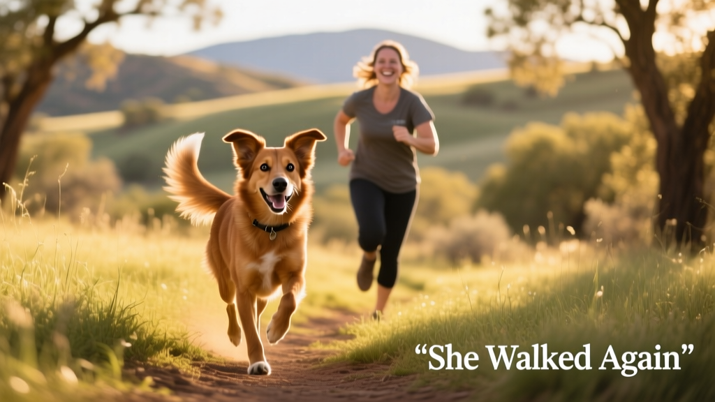 Debbie happily trotting alongside her foster caregiver on a grassy trail, tail wagging, ears perked, full of energy and focus
