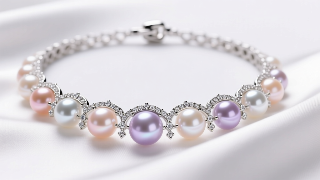 Macro shot of 18k white gold princess necklace with South Sea pearls resting on white silk fabric under bright studio lighting