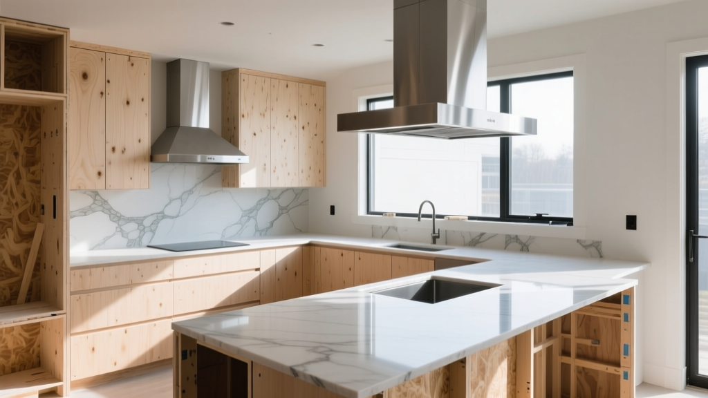 Modern L-shaped kitchen under construction with exposed plywood cabinets, quartz countertop templates, and stainless steel range hood installed