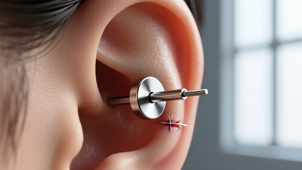 Close-up of a 3mm flat-back titanium stud in a healed helix piercing, highlighting the secure threadless post and a very snug fit