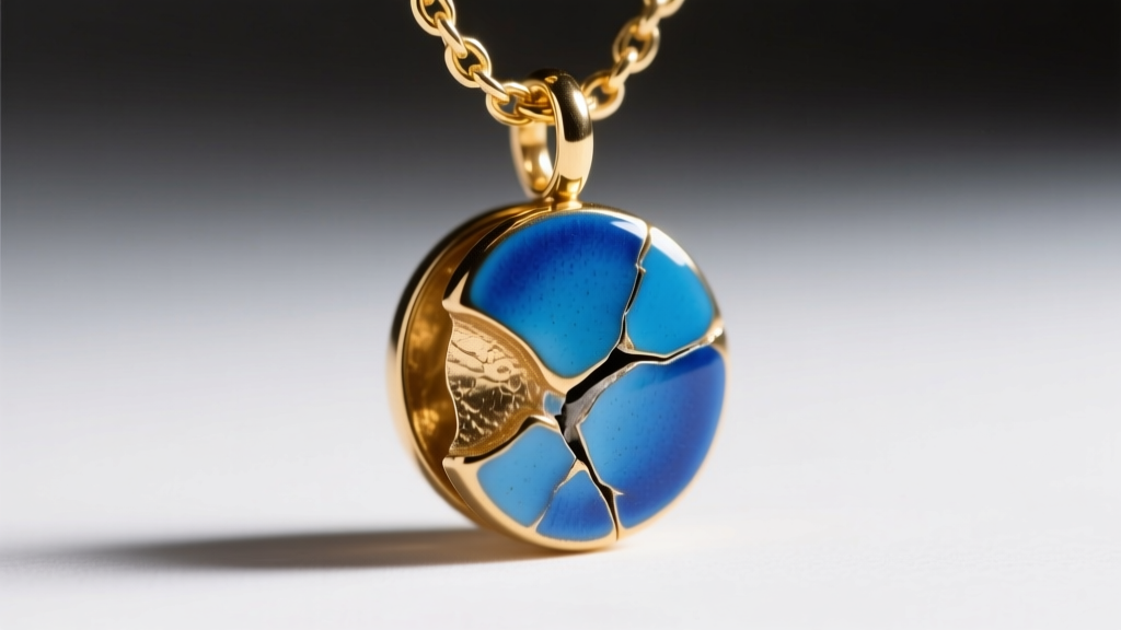 Macro shot of a chipped blue cold enamel charm on a gold vermeil chain, showing exposed brass base metal under bright lighting.