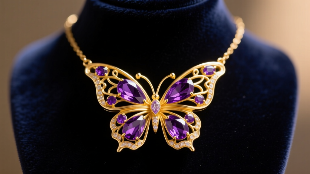 Close-up of a 14k yellow gold amethyst butterfly necklace resting on a dark velvet display bust under soft, warm studio lighting.