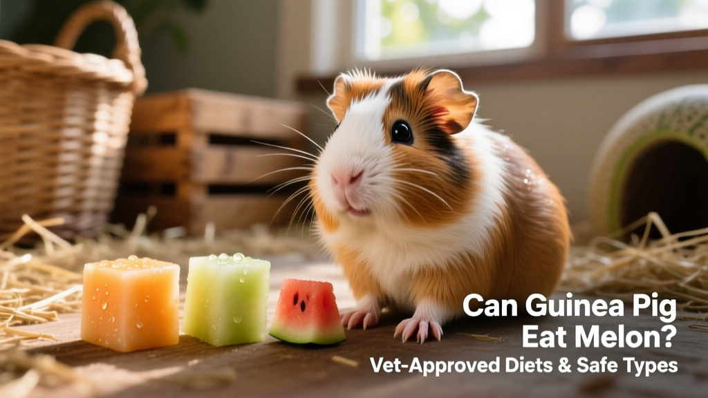 Side-by-side comparison of safe melon portions: one small cantaloupe cube, one honeydew cube, and one tiny watermelon cube next to a guinea pig’s paw for scale