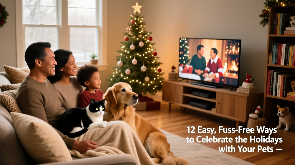 Family including a dog and cat snuggled on a couch watching a holiday movie, with string lights and a small tree in the background