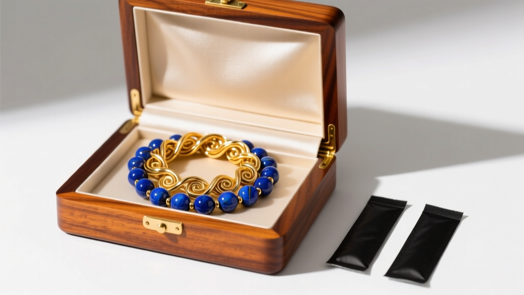 Lined mahogany jewelry box containing a coiled gold and lapis lazuli necklace, alongside activated charcoal anti-tarnish strips.