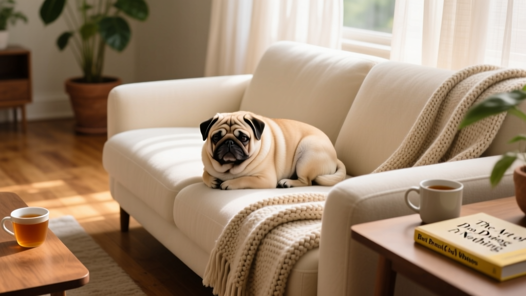 A Pug curled up peacefully on a cozy living room sofa