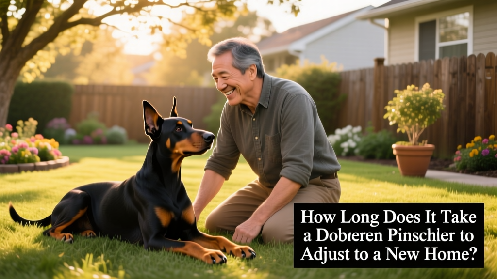 A smiling owner kneeling beside their relaxed Doberman in a backyard, both making gentle eye contact